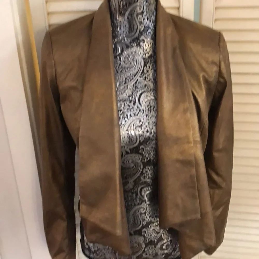 Cache Faux Leather Shrug Jacket in Shiny BronzeTan. Zip pockets!